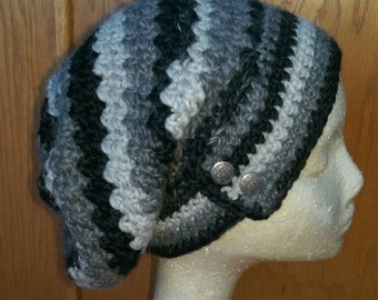 Slouch Hat - Slouch Beanie - Crochet - Variegated Black and Gray- Women's Hat - Teen Hat - Ready to Ship - #54