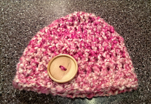 Crochet Baby Beanie, Cherry Blossom, Chunky Wood Button, 3-6 Months