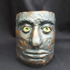 Succulent Planter * Handbuilt Head * Green Eyes * Dark Matte Glaze with Black and Brown *Great for Succulents * Porcelain * Drainage Hole