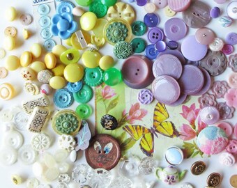 Spring Button Mix: Lavender, Egg Shaped, Flowers, Fabric, Ducks, Novelty, Easter, Pastel, Pearlized-  6.5 oz Vintage Buttons