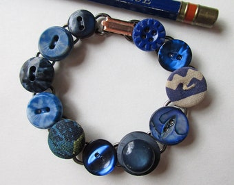 Indigo Blue Button Bracelet, Small to Medium Size, Made with Mid Century  Buttons