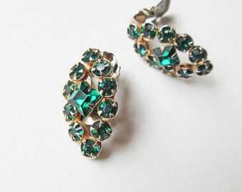 Emerald Green Clip-On Earrings from the 1950s or 60s, Glass Crystal Gems; Perfect for St Patrick's Day