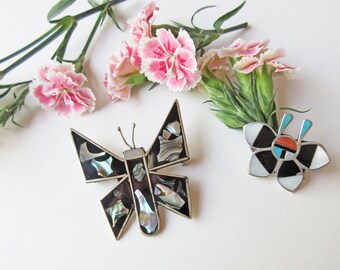 2 Butterfly Brooches with Mexican and Zuni Inlay, 1970's