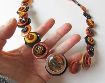 Rustic Terra Cotta Button Necklace Made with Vintage Buttons, Rust/Ochre/Iron Black Buttons