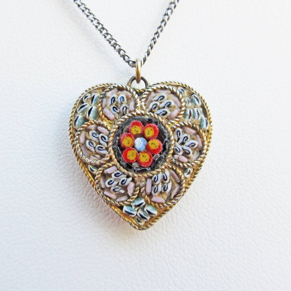Italian Micro Mosaic Heart Pendant- Sterling Silver Chain from the 1960's