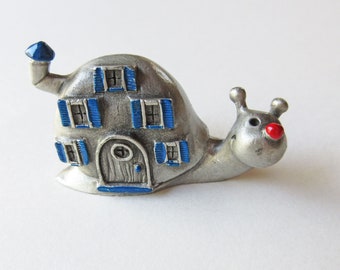 Miniature Snail Made by Hudson Pewter in 1982, Fairy Tale House Embedded in Shell, Signed with Hand Painted Details