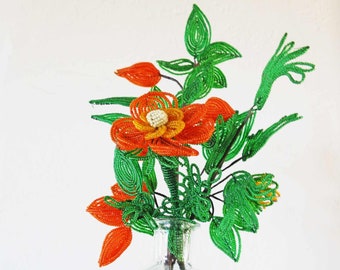 Vintage French Beaded Flowers, 3 Stems Handmade in the 70's, Orange Floral Bouquet