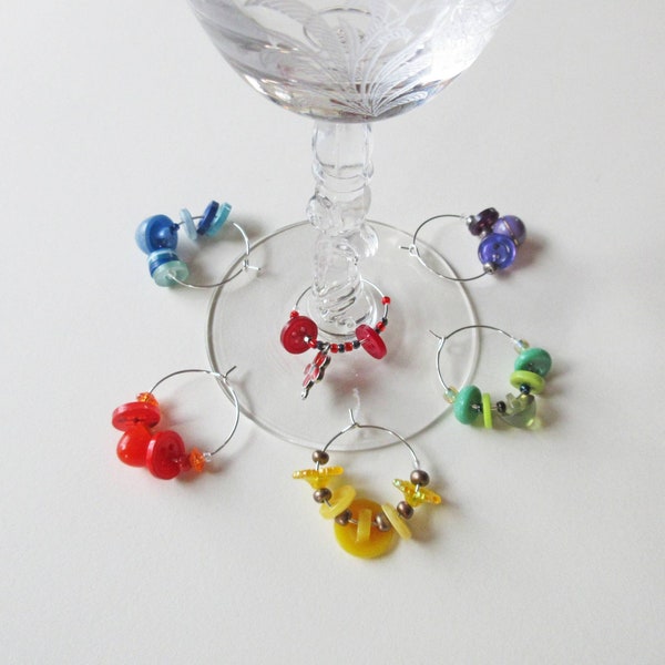 Wine Charms Made with Vintage Buttons; 2 Colorful Sets of 6 Each