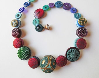 Romantic Jewel Tone Button Necklace Made with Vintage Buttons, Deep Reds and Greens