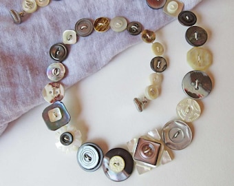 MOP & Shell Button Necklace; Antique, Square and Carved Vintage Buttons in Neutral Colors