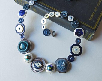 Blue and White Button Necklace, Made with Lots of Gorgeous Shell Buttons, 18 Inches Long with Magnetic Clasp