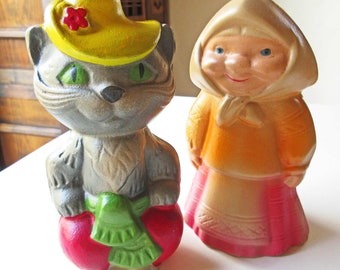 Russian Rubber Dolls from the 1960's; Weird Cat and Grandmother Dolls in Very Good Condition