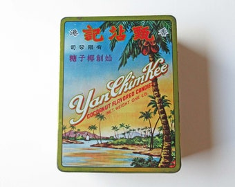 Colorful Asian Candy Tin with Tropical Scene and Typography, Mid-Century Tin "Yan Chin Kee" Hong Kong