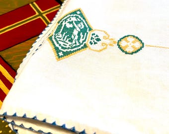 Mid Century Card Tablecloth, Hand Embroidered