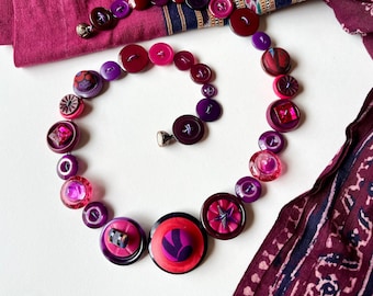Magenta and Purple Button Necklace Handmade with Vintage Buttons