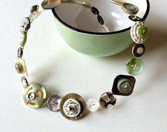 Celadon Green and Gray Button Necklace, Asymmetrical Design With Vintage Buttons, Lots of MOP and Abalone