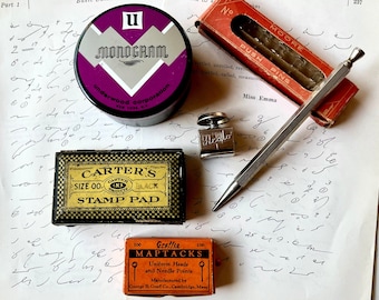 Midcentury Office Supplies in Original Packaging: Refillable Metal Pencil, Map Tacks, Typewriter Ribbon, Stamp Pad, Hole Puncher, Tacks