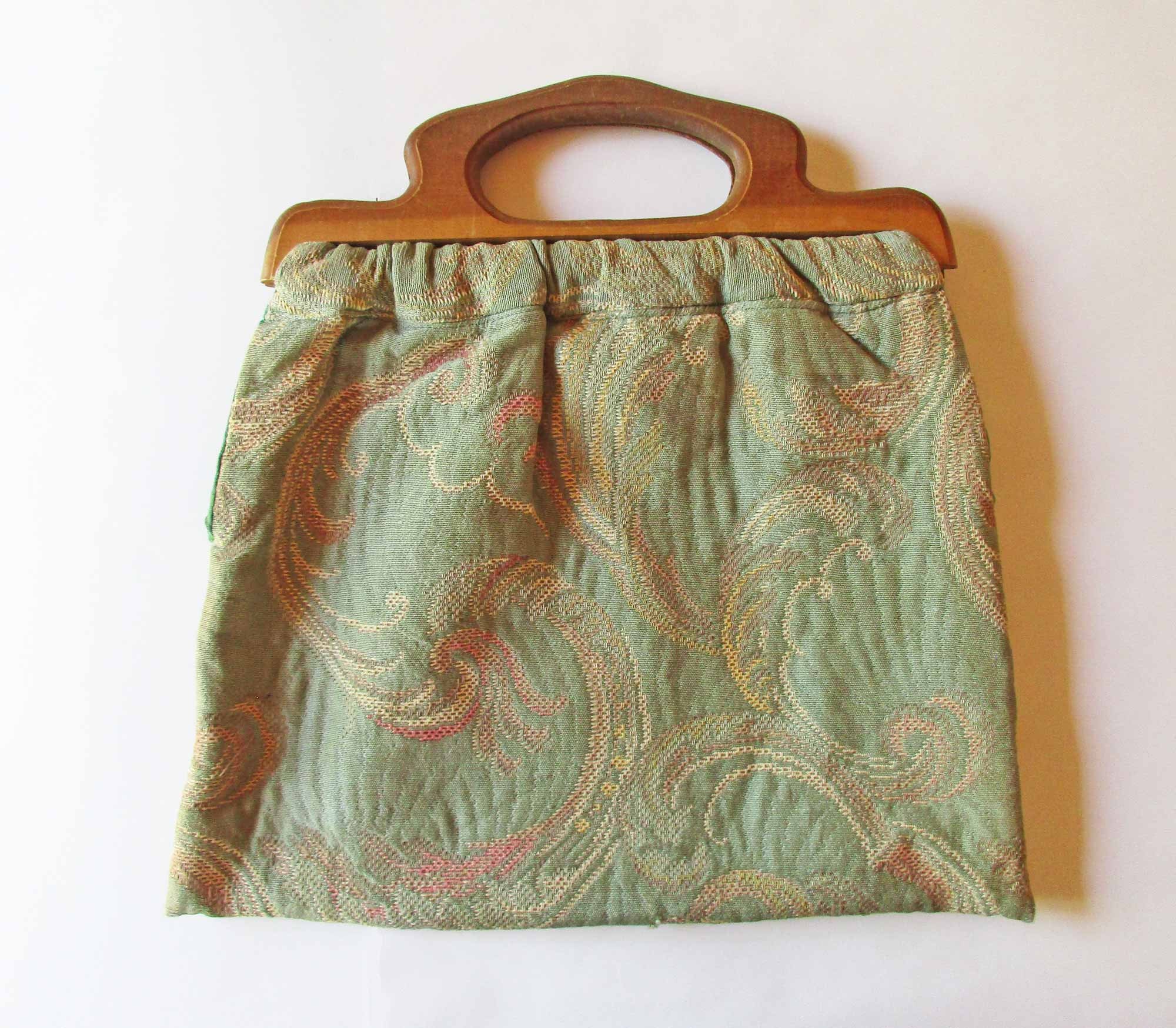 Vintage Knitting Bag with Wooden Handles and Tapestry Fabric Etsy
