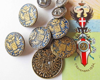 Habsburg Imperial Eagle Buttons, Set of 5, + One Larger Buttons and 3 Small Crown Buttons- All Metal Good Quality Mid-Century