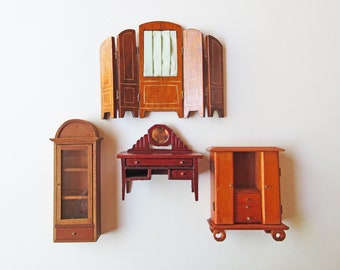 Midcentury Doll Furniture, 4 Wooden Pieces: Art Deco Chest, Screen, Vanity Table and Cabinet with Glass Front