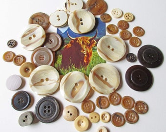 50 Rustic Horn and Bone Buttons for Western Wear, Vintage Buttons with Some Hand Carved in Natural Colors, Some Sets