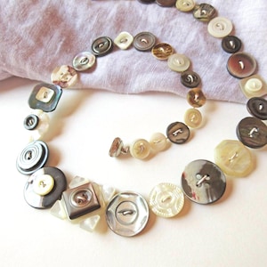 All Shell Button Necklace; Both Dark and White Antique Shell Buttons, Square and Carved Vintage Buttons in Neutral Colors