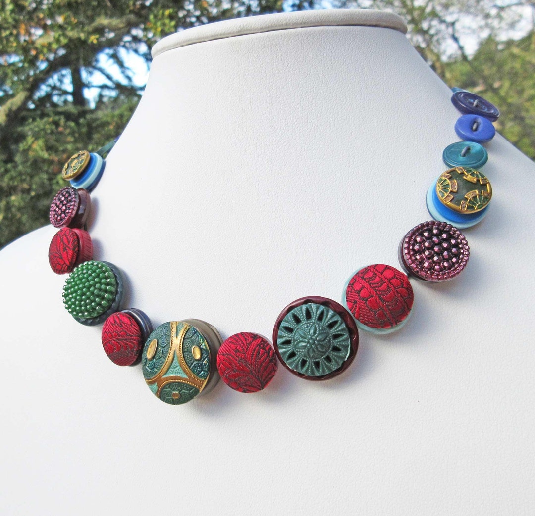 Jewel Tone Button Necklace Made With Recycled Materials - Etsy