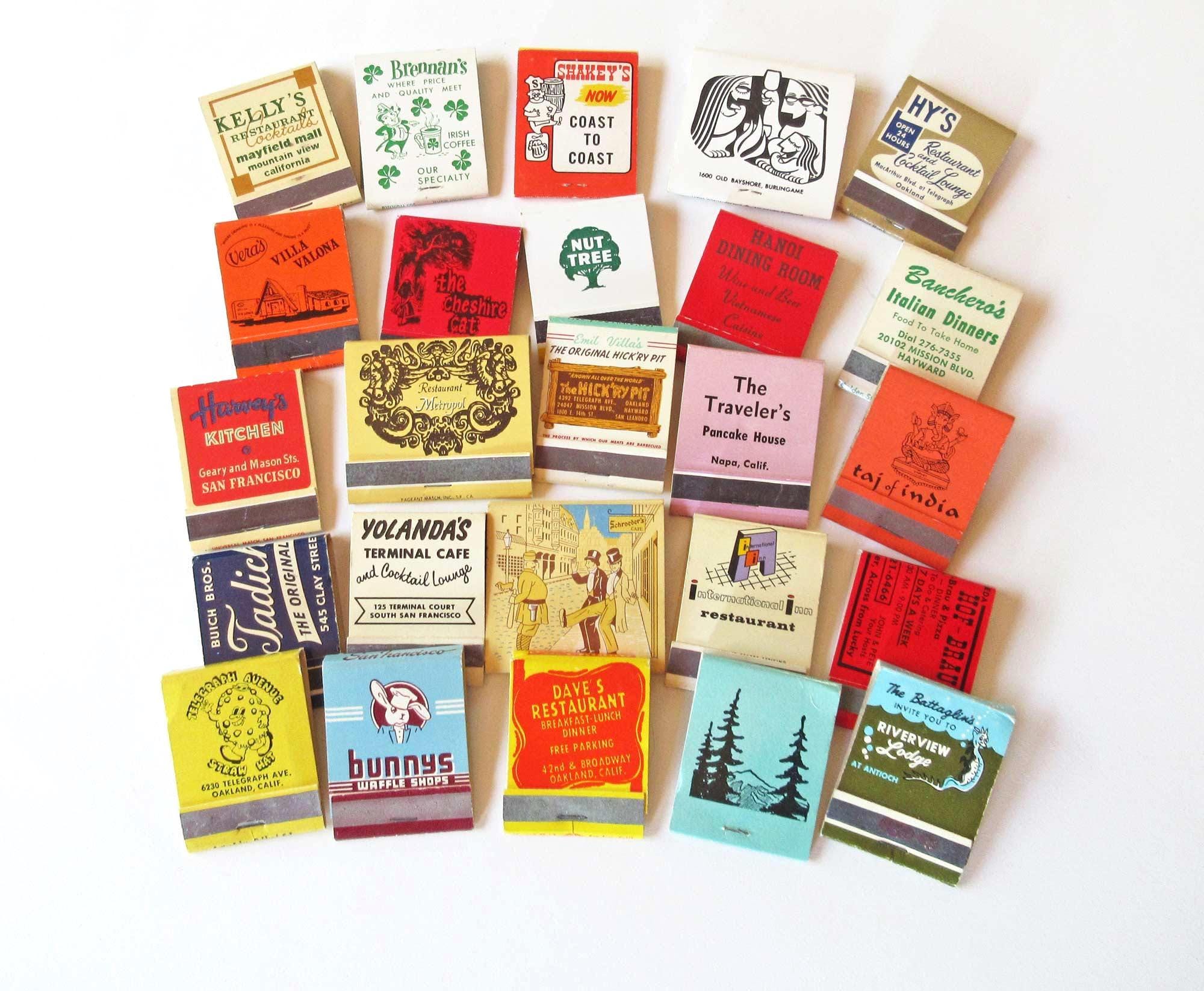 25 Matchbooks Mid Century Restaurants with Front Strikers, All Unused with Retro Graphics- New Old Stock
