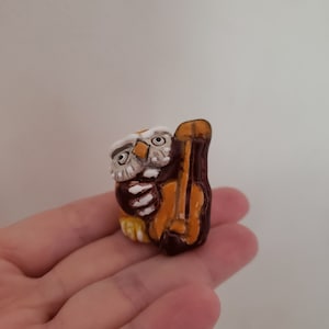 Charming Handmade Miniature small Ceramic violin  Owl - Perfect Home Decor Accent Piece for Collectors and Nature Enthusiasts lovers