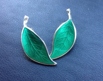 Vintage 1950's David Andersen silver and green enamel leaf earrings, made in Norway