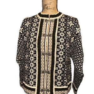 Skjaevelan of Norway Wool Jacquard Cardigan Sweater Black, ivory and taupe. Size S