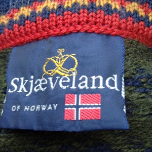 Skjaevelan of Norway Wool Jacquard Cardigan Sweater Blue Red Olive Gold sz XS image 5