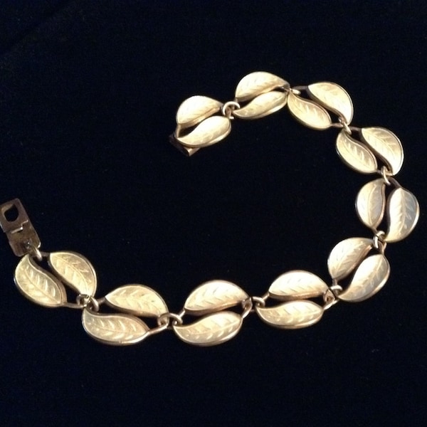 Vintage 1950's David Andersen sterling silver and white guilloche enamel leaf bracelet, made in Norway