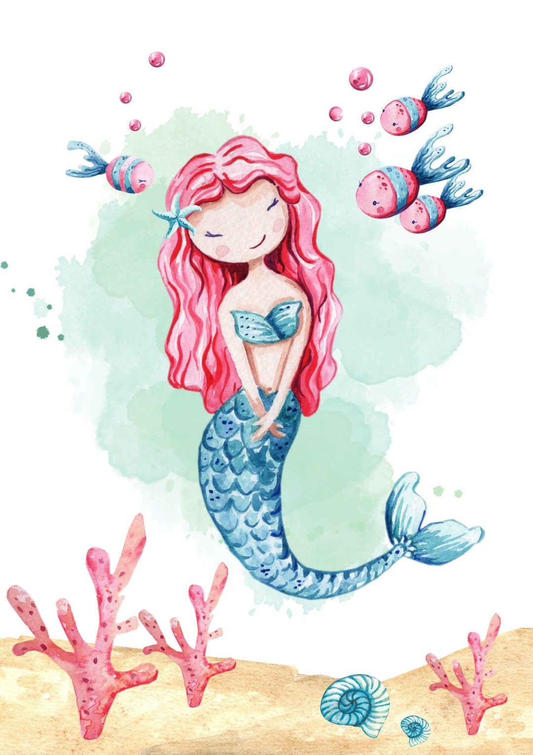 Mermaid PRINTABLE, Watercolor Print Wall Art, Girls Room Wall Decor ...
