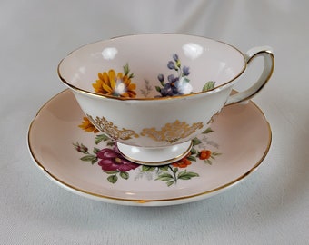 Vintage Royal Grafton theekop en schotel, bloemenbotten porselein