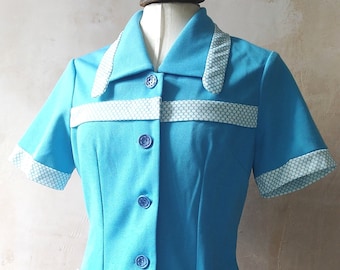 Vintage 70s Turquoise and White Diner Tunic Blouse