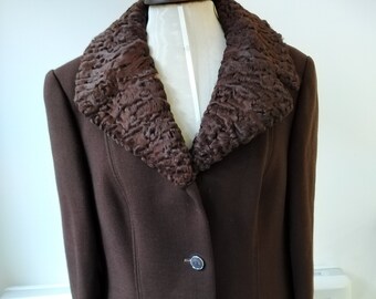 Vintage 50s/60s Brown Wool Skirt Suit with Curly Wool Collar