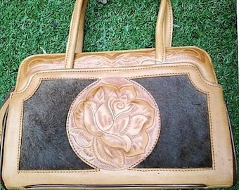 Vintage 70s Tooled Leather Horse and Rose Handbag