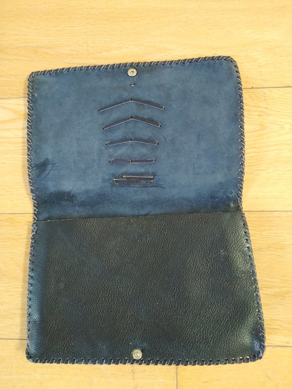 Vintage Navy Leather Chevron Design Clutch Bag/Wa… - image 5
