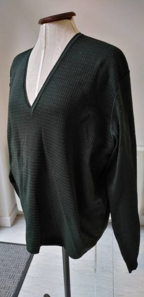 Vintage 60s Bottle Green Waffle V Neck Jumper - image 2