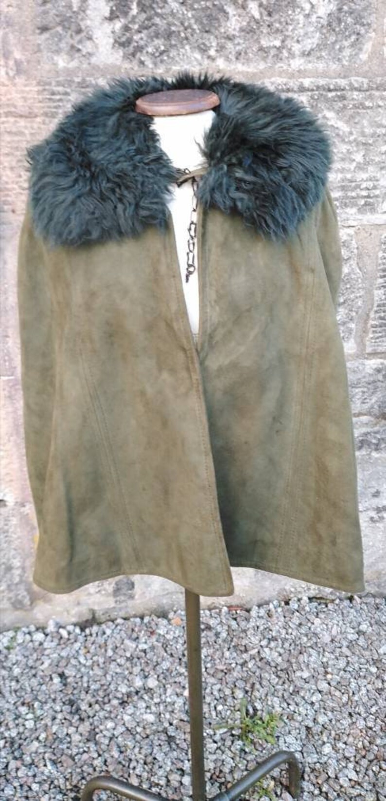 Vintage 60s Green Suede and Faux Fur Cape image 1