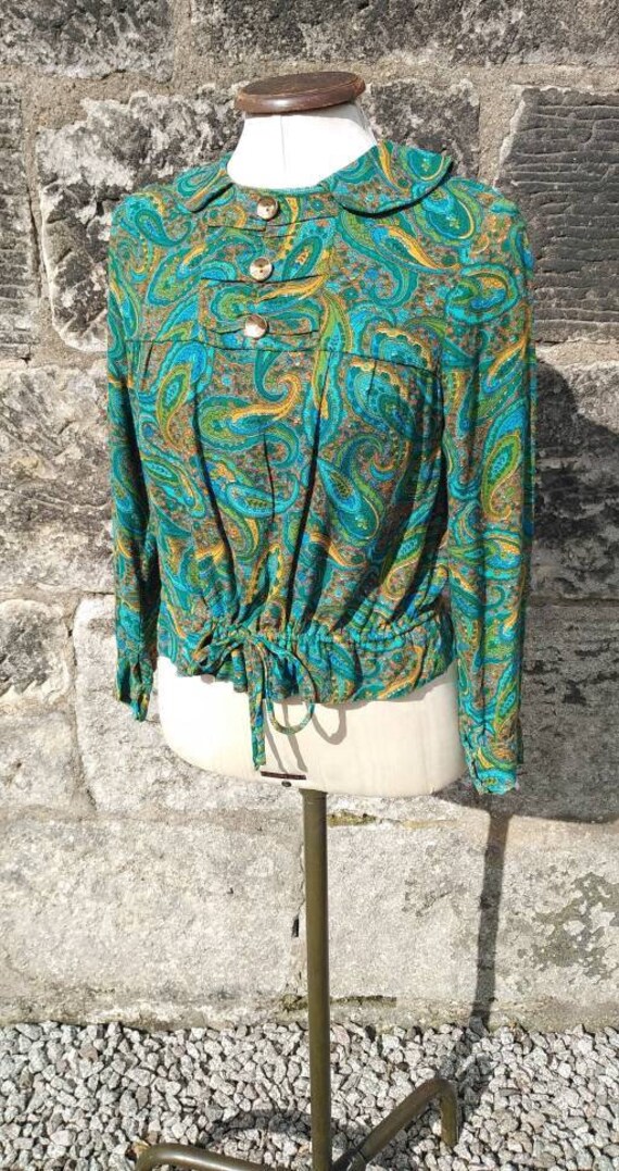 Vintage 60s Peter Pan Mod Green and Blue Paisley