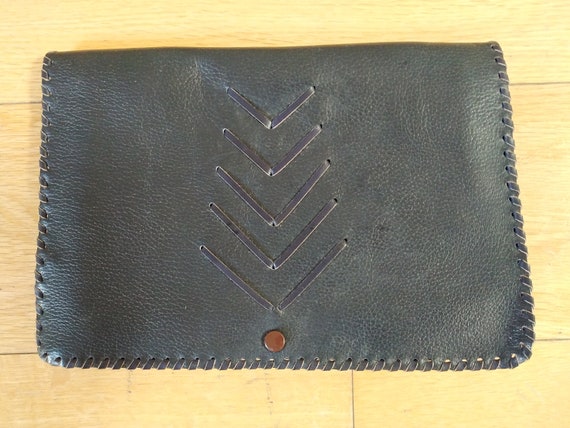 Vintage Navy Leather Chevron Design Clutch Bag/Wa… - image 1