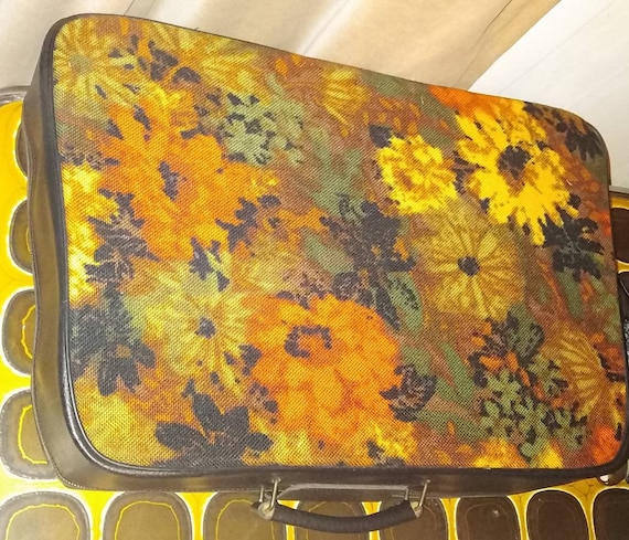 Vintage 70s Orange Floral Tapestry Suitcase