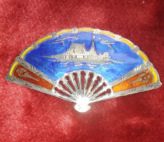 Vintage 50s Niello Silver and Enamel Siam Fan Broo