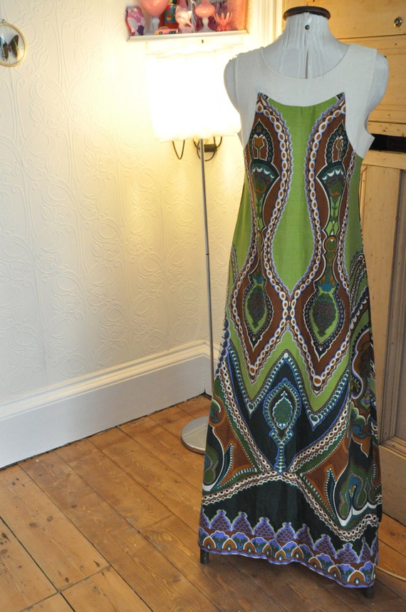 Late 60s Green, Purple, Cream psychadelic Maxi dr… - image 4