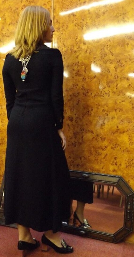 Designer Black Moss Crepe late 60s Maxi dress with