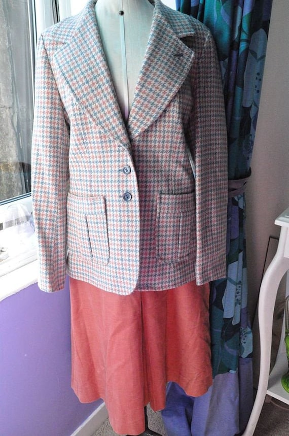 Vintage 70s Salmon and Blue Blazer and Skirt Suit
