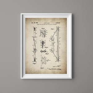 May include: A vintage patent drawing for a bow and arrow design. The drawing shows different angles of the bow and arrow, with labels for each part. The patent number is 3,486,495 and the date is 30 December 1969.