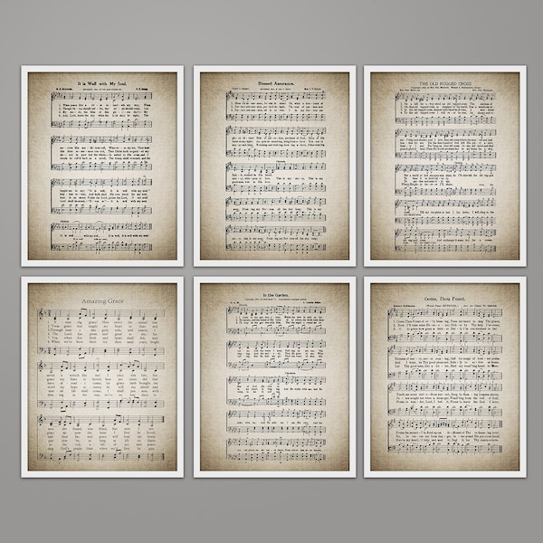 Vintage Hymn Prints - Set of 6 - Amazing Grace - Old Rugged Cross - It Is Well - Printable Sheet Music - Instant Download - Christian Art